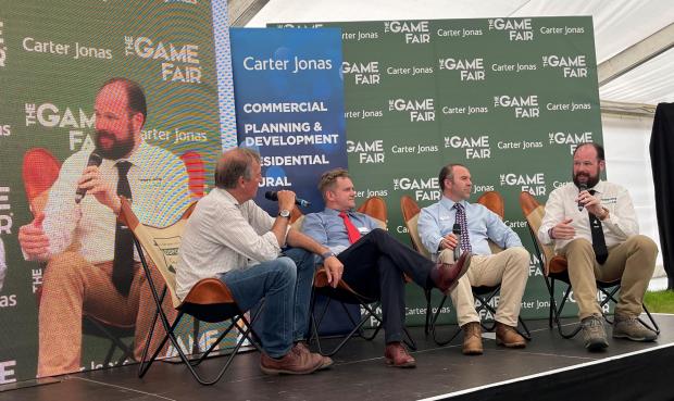 Forestry Journal: Forestry Journal editor John McNee (far right) in conversation with Charlie Jacoby, Carter Jonas’ head of natural capital Mark Russell and head of forestry Marc Leibrecht in the Carter Jonas Theatre.