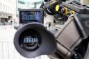 A view of BBC Broadcasting House in central London, seen through a TV camera, after a male