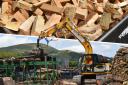 Bottom:  JCB enters a fresh log into the processing line in Pentland Biomass’s timber yard.