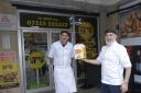 Father and son Ishak and Harun Ozdlek at the opening of The Chicken Stop at the entrance of Castle Place in Market Street, Trowbridge.