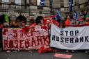 Campaigners opposed to the Rosebank oil field development hold a rally outside the Court of Session in Edinburgh