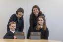 Tara McGeehan (CGI) and Lindsay McGranaghan (CGI) with Archie Wright and Maggie Thompson, S1 pupils at Earlston High School. Photo: SBC