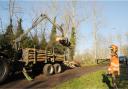 Alfie Williams, tractor driver and landscape technician, with five tonnes of recently thinned ash from Linford Wood, uses the remote control to operate the Farma T12 forwarding trailer crane arm.